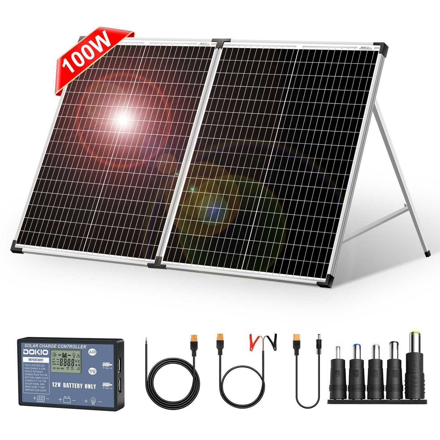 Dokio 100W Portable Foldable Solar Panel Kit for Camping/RV/Car Battery/Home