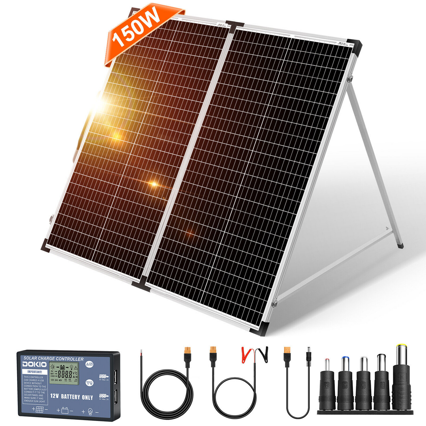 Dokio 150W 12v Foldable Portable Solar Panel Kit for Camping/RV/Power Station