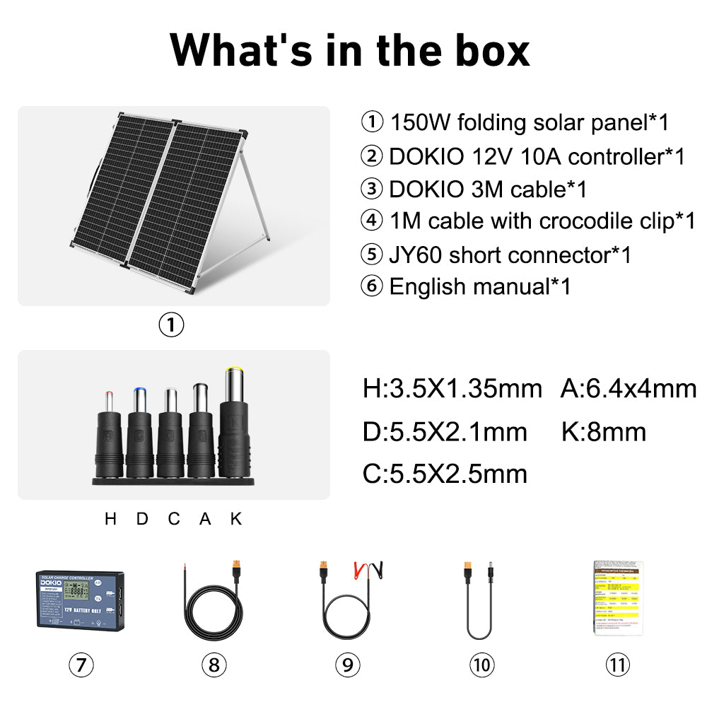 Dokio 150W 12v Foldable Portable Solar Suitcase Panel Kit for Camping/RV/Power Station