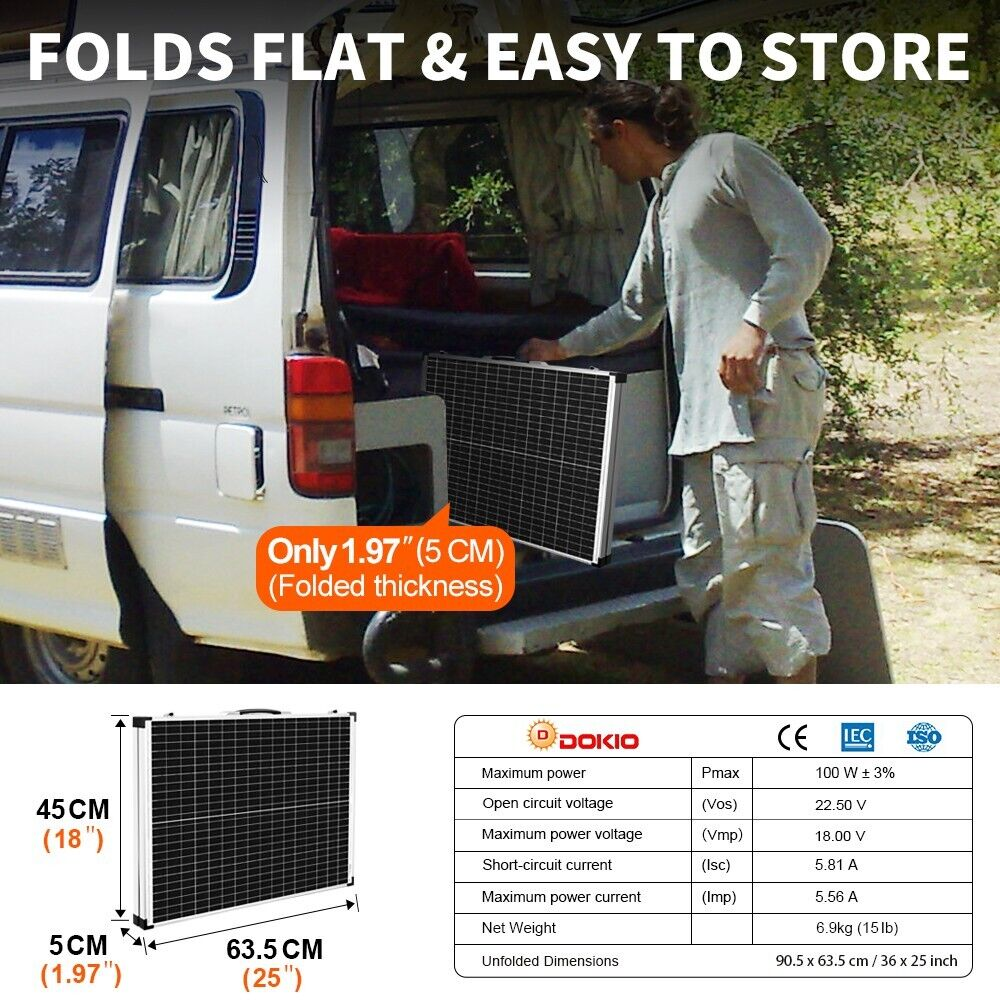 Dokio 100W Tragbares, faltbares Solarpanel-Kit für Camping/Wohnmobil/Autobatterie/Zuhause 