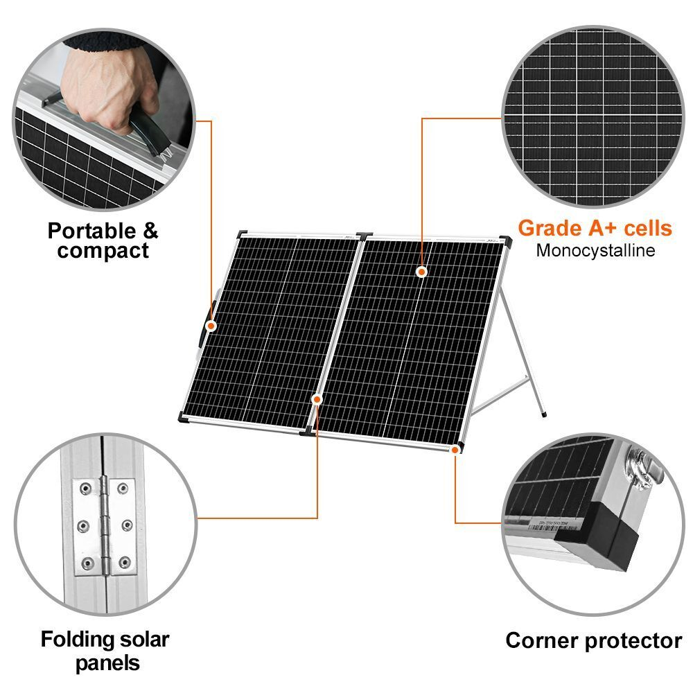 Dokio 100W Tragbares, faltbares Solarpanel-Kit für Camping/Wohnmobil/Autobatterie/Zuhause 