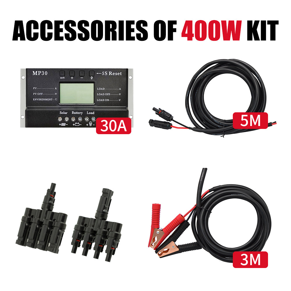 DOKIO 400W Solar Panel Accessories Kit (30A Controller + 5M MC4 Cable + MC4 Pair + 3M Battery Clips)
