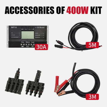 DOKIO 400W Solar Panel Accessories Kit (30A Controller + 5M MC4 Cable + MC4 Pair + 3M Battery Clips)