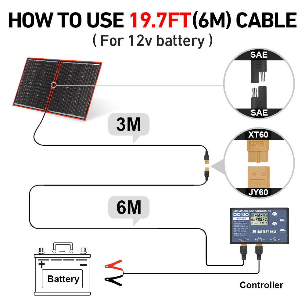 DOKIO XT60 6m Solar Panel Extension Cable with Male & Female Connectors