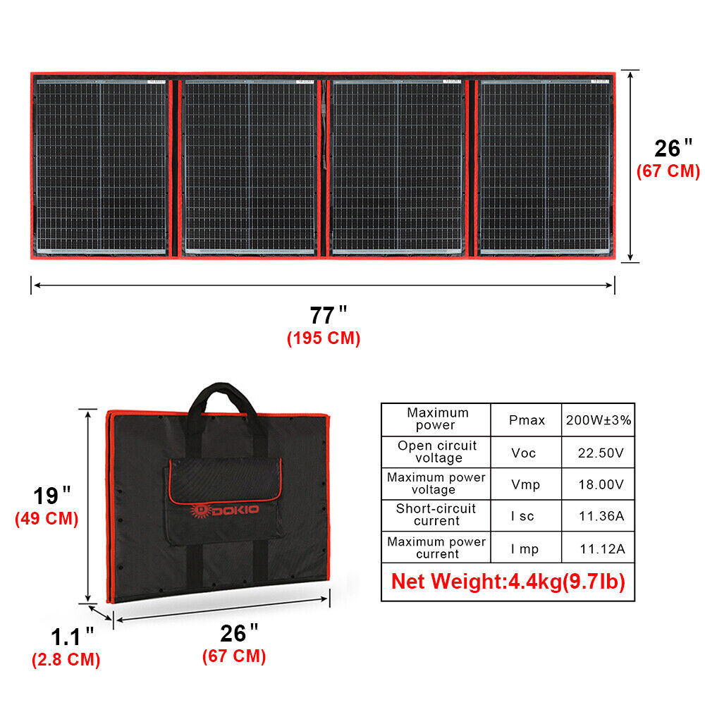 Dokio 200w foldable solar panel for power station/car battery/motorhome/camping