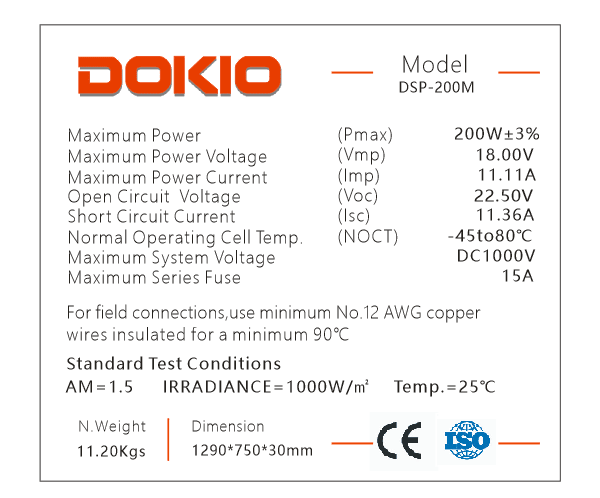 DOKIO 200W N - Type Monocrystalline Rigid Solar Panel - DOKIO Solar Panel