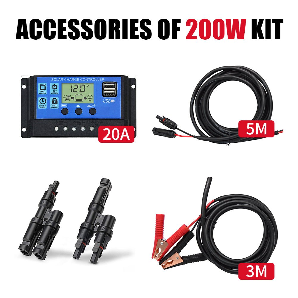 DOKIO 200W Solar Panel Accessories Kit (20A Controller + 5M MC4 Cable + MC4 Pair + 3M Battery Clips) - DOKIO Solar Panel